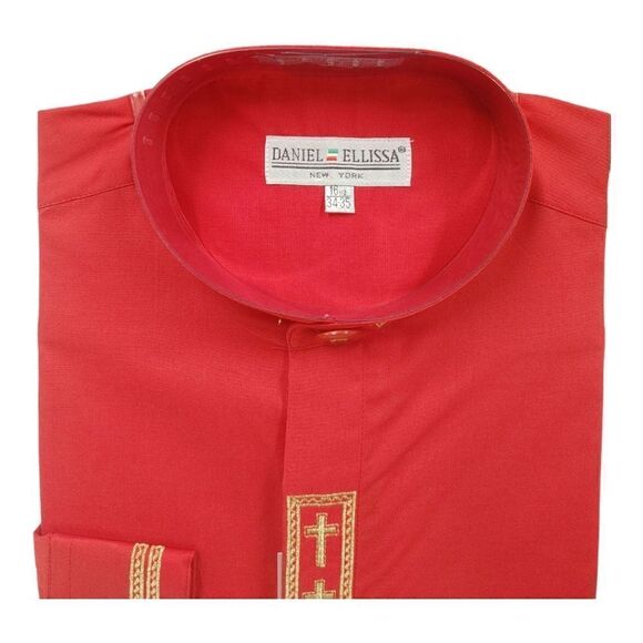 MEN'S DANIEL ELLISSA RED W/GOLD EMBROIDERY BANDED COLLAR DRESS SHIRT. DS2005C. - Picture 2 of 4